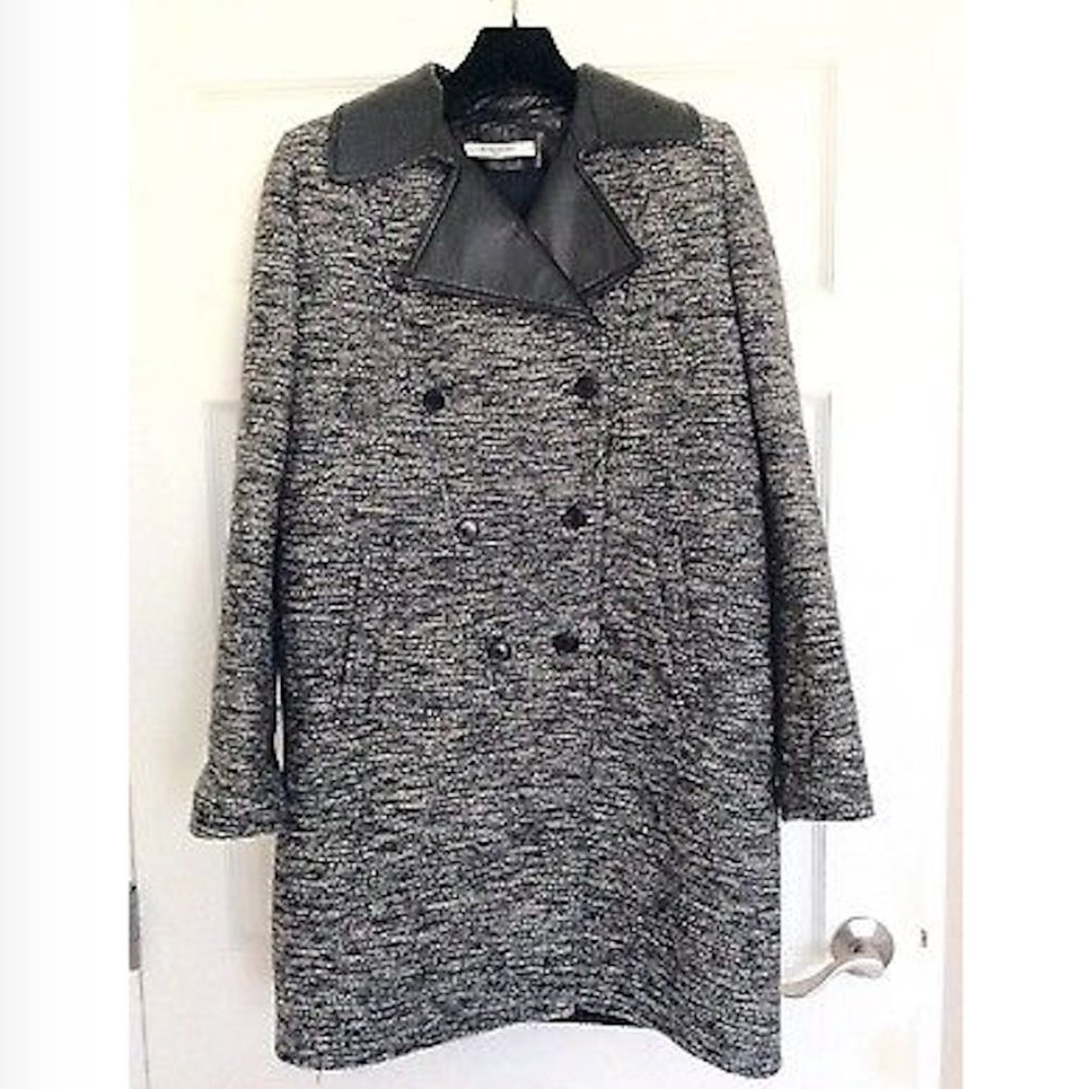 RARE GIVENCHY Paris Leather Trim Tweed Gray Cocoon Coat, Size FR 38/US 4